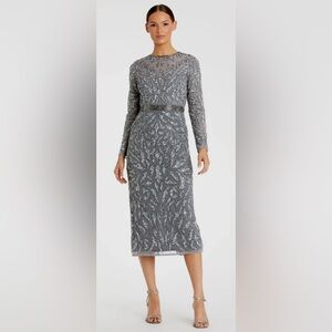 NWT MAC DUGGAL Gray Embellished Illusion Sheath Dress **see notes